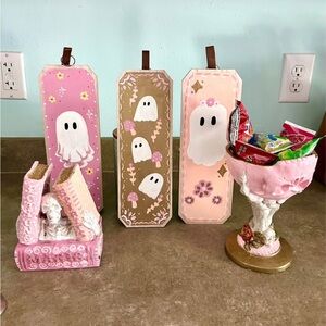 Halloween Decor Hand Painted Pink Orange Gold Glitter